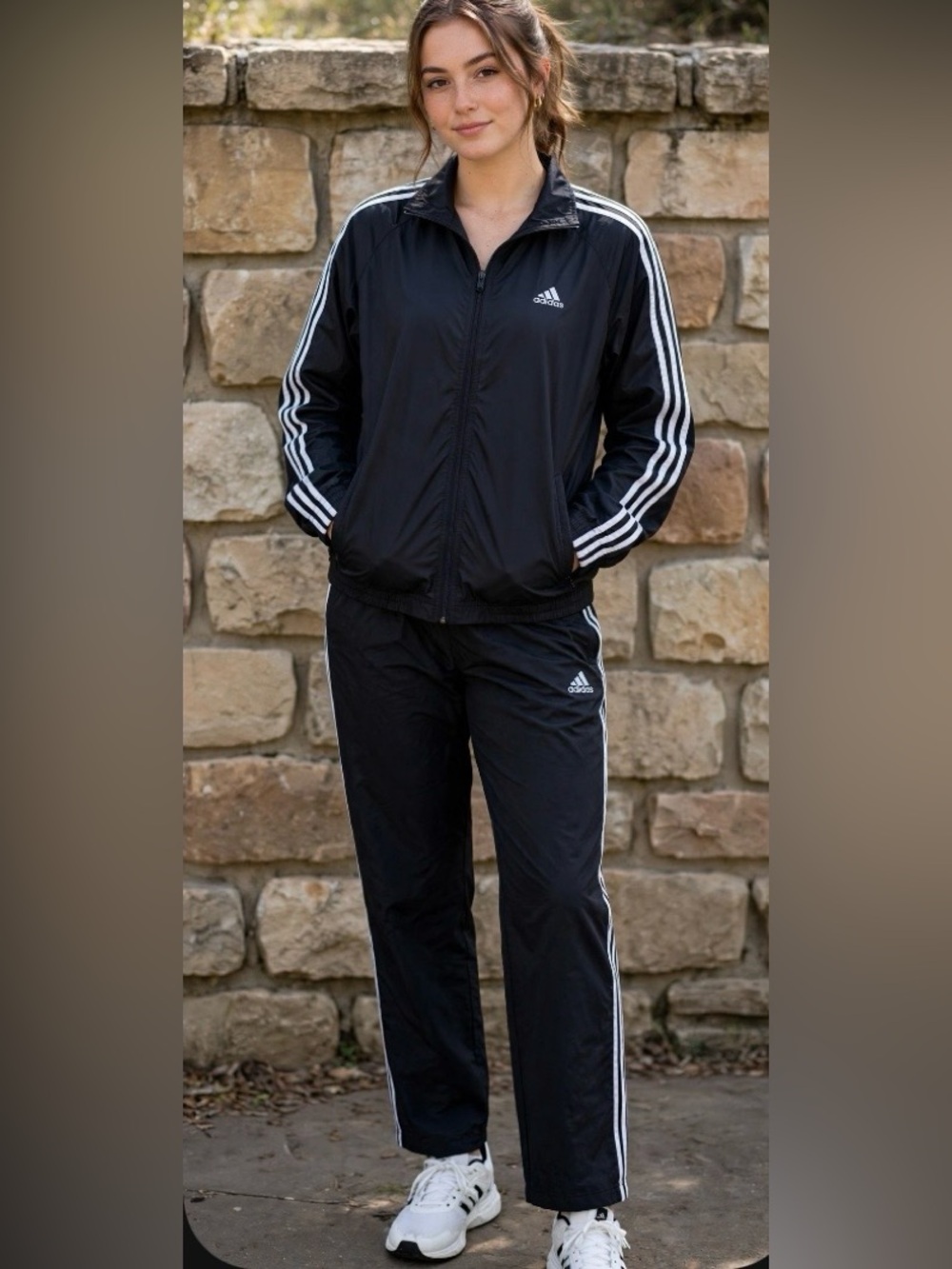 adidas Black Windbreaker Track Jacket and Pants with White 3-Stripes Size M P2P